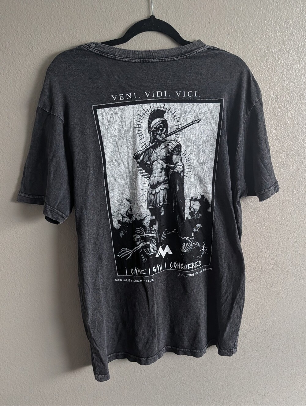 Mentality Co Veni Vidi Vici Graphic T Shirt Faded Black Skeleton Roman Size L